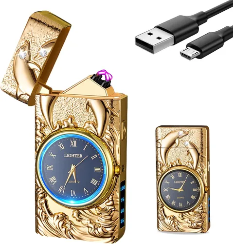 Vista 10 de GADATOP Encendedor eléctrico recargable a prueba de viento, encendedor de plasma con alivio de delfines 3D, reloj integrado con luz LED para uso