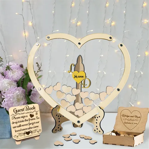 Vista 15 de Libro alternativo de corazón personalizado para libro de invitados con 30 a 100 corazones de madera, caja de madera personalizada para decoración