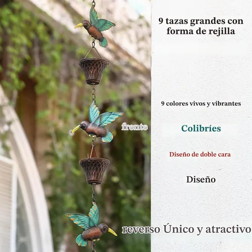 Vista 3 de Cadena de lluvia de 8.5 pies, colibrí y cadenas de lluvia para canaletas y bajantes verde pájaro