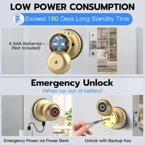 Vista 6 de eLinkSmart Cerradura de puerta de huella dactilar, perilla inteligente de puerta de bola con llave sin llave para puerta de entrada para dormitorio