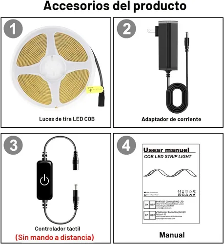 Vista 2 de Pandery Tira de LED COB, Tira de Luces LED 1M/3.28ft, Tiras LED Regulables por Toque, CRI90+, Luz COB LED Blanca Cálida 2700K, 960LEDs, Tira