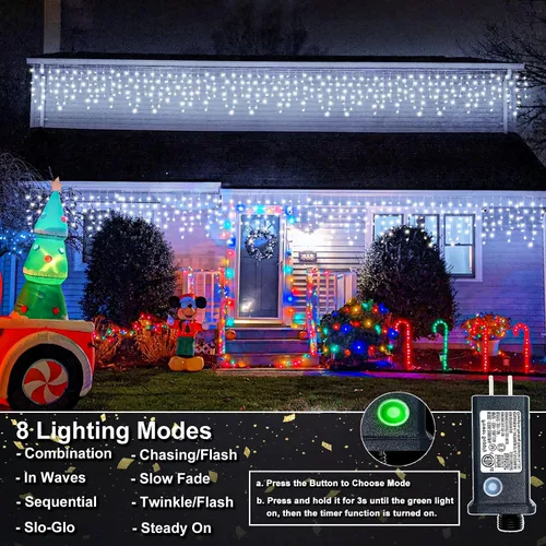 Vista 2 de Luces de carámbano para exteriores, 16.5 pies, 200 luces LED de Navidad para exteriores con 8 modos, impermeables, conectables, tira de luces