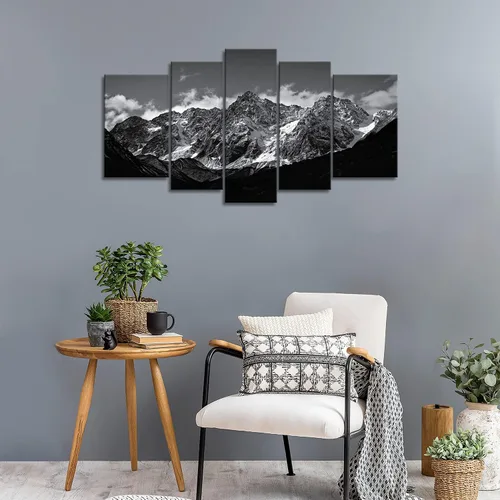 Vista 4 de Lienzo decorativo para pared, diseño de montaña en blanco y negro, paisaje de montaña, 5 piezas, impresiones sobre lienzo, arte moderno con marco