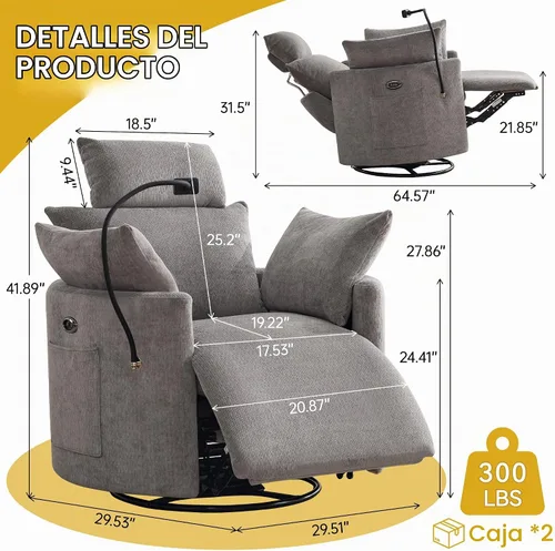 Vista 2 de Power Glider - Mecedora para guardería, reclinable giratorio con USB, color Gris claro