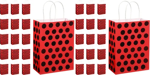 Vista 8 de Gersoniel Paquete de 16 bolsas de regalo para fiesta de mariquita, bolsas de dulces con asas, lunares rojos y negros, suministros de fiesta