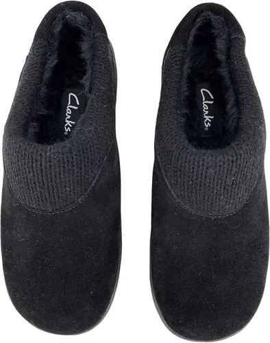 Vista 4 de Clarks Pantuflas de gamuza para mujer JMH2175 con cuello de punto, forro de piel sintética de felpa suave, pantuflas de casa para interiores