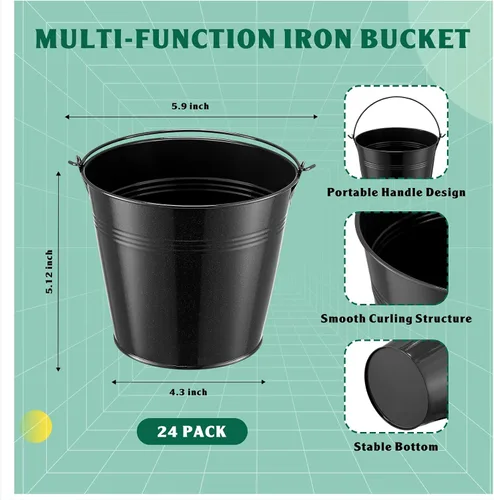 Vista 2 de Rtteri 24 cubos pequeños de metal con asa, mini cubetas a granel para lápices para aula, graduación, fiestas, canastas de hierro para flores de Negro