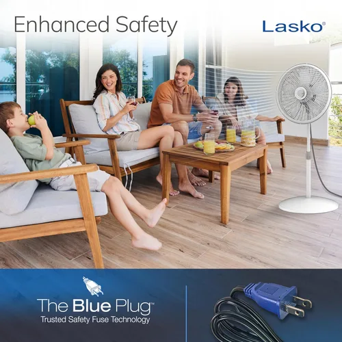 Vista 6 de Ventilador de pedestal oscilante Lasko - Ventilador Lasko con altura ajustable y 3 velocidades de enfriamiento, portátil, 18 pulgadas, color blanco