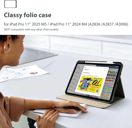 Vista 6 de ProCase Funda de piel sintética para iPad Pro de 11 pulgadas 2025 M5 / 2024 M4 con correa de mano bolsillo frontal, cubierta de soporte de negocios