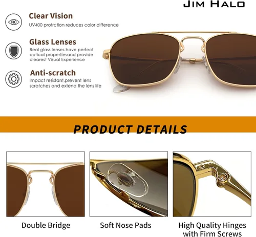 Vista 4 de JIM HALO Gafas de sol retro cuadradas estilo aviador con lente de cristal de alta calidad, gafas planas de metal para hombres y mujeres