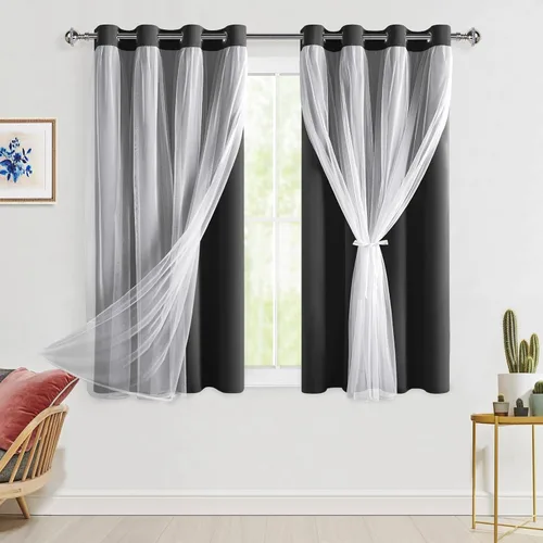 Vista 35 de Hiasan Cortinas opacas con superposición transparente, aislamiento térmico para mezclar y combinar de doble capa, cortinas de oscurecimiento de Beige