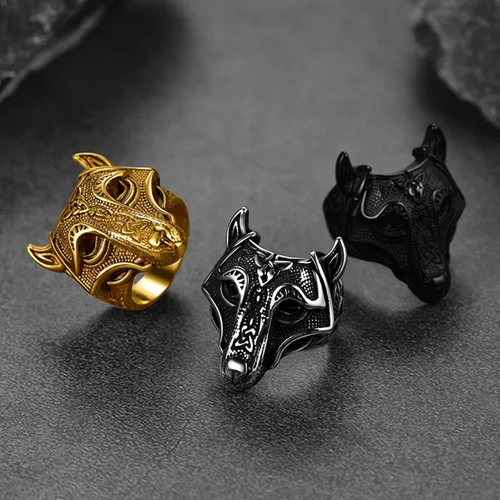 Vista 4 de FaithHeart Norse Viking Jewelry - Anillo de acero inoxidable de guerrero para hombre con diseño vikingo de cabeza de lobomartillo de Thor