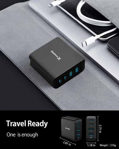 Vista 5 de Cargador USB C de 100 W, bloque de carga rápida GaN de 4 puertos, bloque de carga plegable tipo C, bloque de carga rápida compatible con MacBook