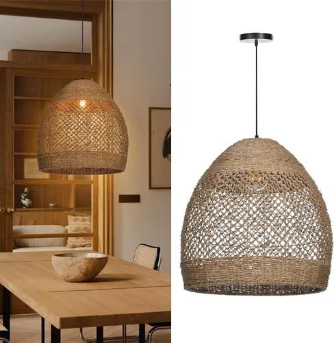 Vista 10 de Arturesthome Lámpara colgante tejida, moderna lámpara colgante bohemia con pantalla de ratán tejida a mano, lámpara colgante costera de granja