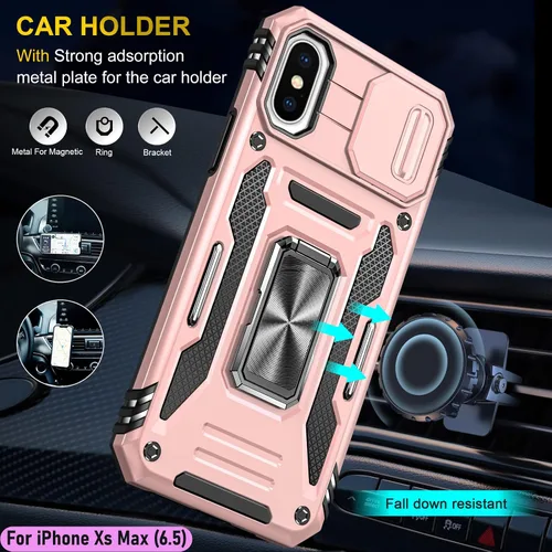 Vista 8 de Funda resistente para Apple iPhone Xs Max, protector híbrido de goma de doble capa de grado militar con protector de cámara deslizante, soporte Oro