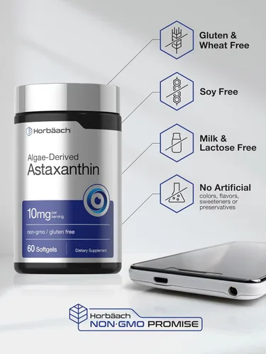 Vista 5 de Horbäach Astaxantina Suplementos 10mg 60 cápsulas blandas Fórmula derivada de algas Sin OMG, sin gluten