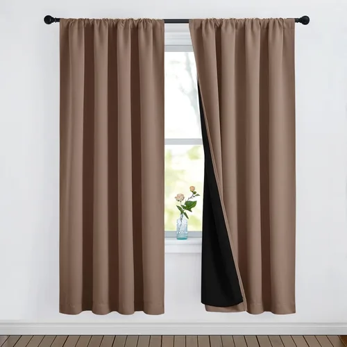 Vista 116 de NICETOWN Biscotti Beige 100% Cortinas opacas de 45" de largo para cocina, bolsillo con varilla para sótano completamente opaco, cortinas térmicas