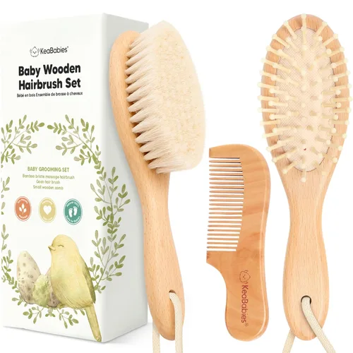 Vista 13 de Juego de cepillo y peine para cabello de bebé para recién nacidos - Juego de cepillos de madera para cabello de bebé con cerdas suaves de cabra