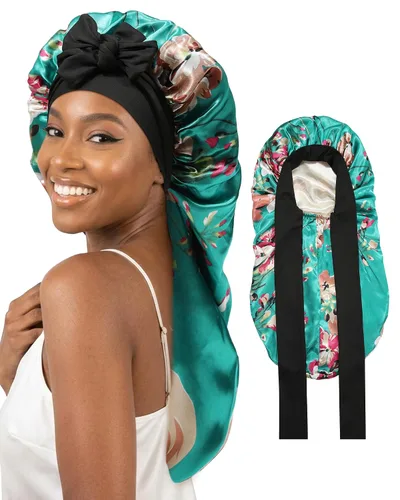 Vista 10 de AWAYTR Gorro largo de satén para mujer, gorro de seda elástica de doble capa para trenzas, gorro de dormir con banda de amarre (negro)