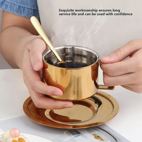 Vista 4 de Juego de 2 tazas y platillos de expreso, taza de café y platillo, taza de café dorada, tazas demitasse de acero inoxidable, exquisitos recipientes