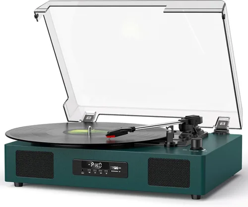 Vista 15 de Tocadiscos de vinilo Bluetooth con dos altavoces incorporados, grabación USB, transmisión por correa, 3 velocidades, tocadiscos para discos