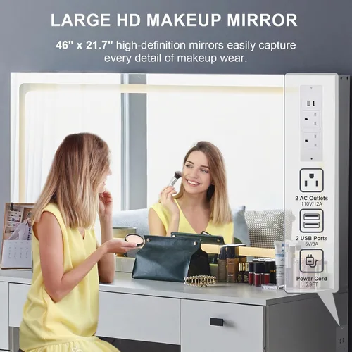 Vista 3 de CLIPOP Escritorio de tocador de maquillaje con espejo iluminado grande, mesa de maquillaje con 7 cajones, toma de corriente, control táctil, 3 modos