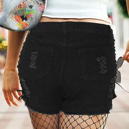 Vista 6 de Pantalones cortos de mezclilla para mujer, con agujero rasgado, cintura alta, medias de muslo, pantalones cortos góticos, para fiesta, cosplay