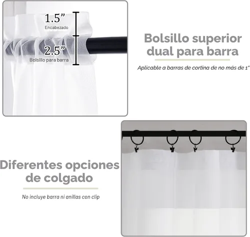 Vista 4 de 2 paneles de cortinas traslúcidas blancas para dormitorio, sala de estar, 96 pulgadas de largo, modernas, suaves, ligeras, con bolsillo para barra