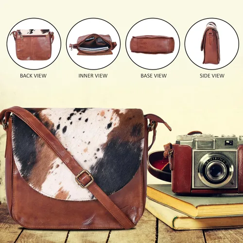 Vista 6 de Bolso bandolera de cuero genuino para mujer con correa ajustable, bolsillo móvil y cremallera exterior e