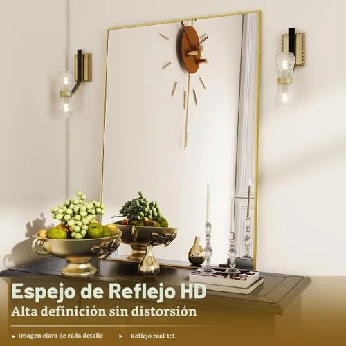 Vista 2 de BEAUTYPEAK - Espejo de pared de baño de 20 x 28 pulgadas con marco de metal, dorado Espejo rectangular con colgante horizontal o vertical, ideal