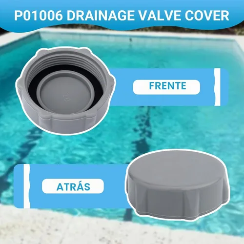 Vista 3 de GJK P01006 Tapa de válvula de drenaje de repuesto para piscina Coleman sobre el suelo, tapa de drenaje resistente gris sobre la piscina