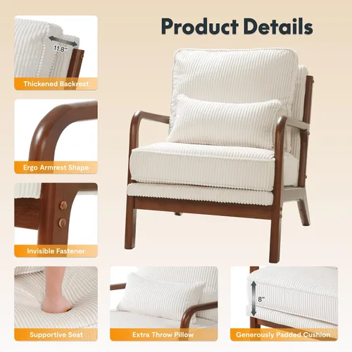 Vista 5 de FLEXISPOT AC1 - Silla decorativa, sillón moderno de mediados de siglo con marco de madera, cómoda silla de lectura tapizada de pana con almohada