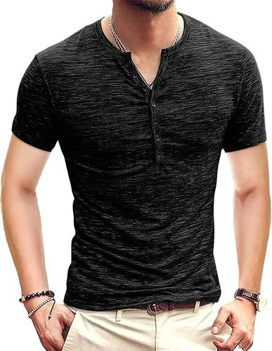 Vista 28 de KUYIGO Camisas Henley para hombre, estilo casual, ajustadas, básicas, de A01 Negro Puro