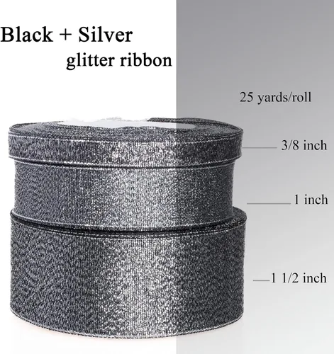 Vista 5 de YASEO Cinta de purpurina negra y plateada de 1 1/2 pulgadas, cinta de tela metálica brillante colorida para envoltura de regalos, manualidades