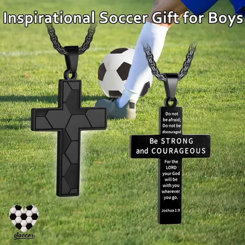 Vista 2 de HattiDoris Collar de cruz de fútbol para niños, colgante de cruz de versículo bíblico inspirador, cadena de acero inoxidable de 22 + 2 pulgadas