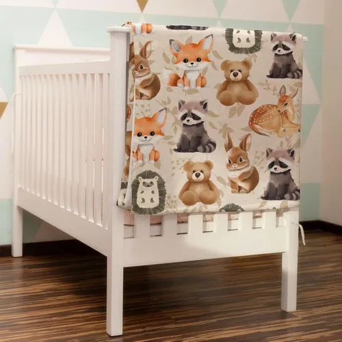 Vista 3 de Manta de bebé de animales lindos para niños y niñas, lindo oso, mapache, ciervo, conejo, erizo, manta retro de franela floral, manta de recepción