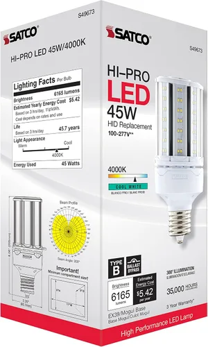 Vista 10 de Satco S49673 - Bombilla LED HID de mazorca de maíz, base extendida Mogul, 45 W, clasificación de 35000 horas, 6165 L, blanco frío 6,165 lumens