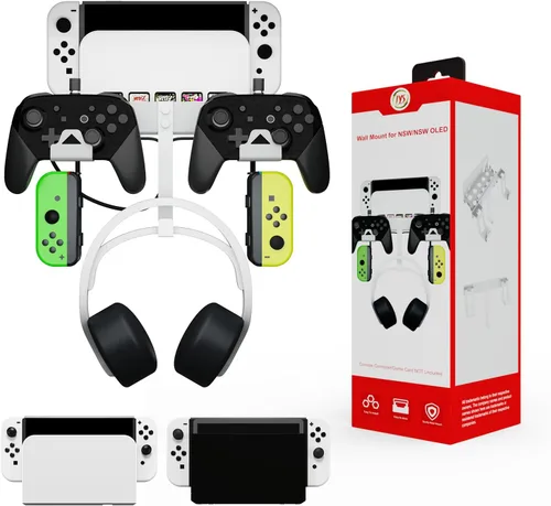 Vista 9 de EJGAME Soporte de montaje de pared compatible con Nintendo SwitchOLED, kit de montaje de pared de metal con ganchos para colgar auriculares