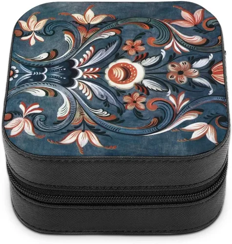Vista 2 de Caja de joyería de viaje estilo folclórico noruego, caja de piel sintética, organizador de collares, regalo para mujeres y niñas, 4 x 4 x 2.2