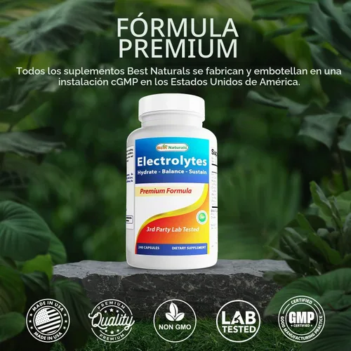 Vista 5 de Best Naturals Electrolytes Hydrate-Balance- Sustain Premium Formula 240 Cápsulas. Sin gluten y sin OMG.