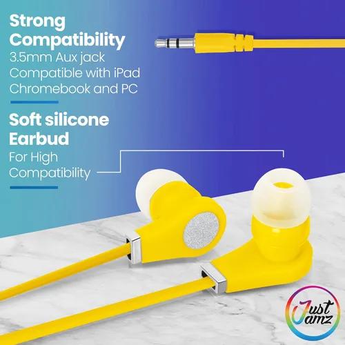 Vista 3 de JustJamz Paquete de 200 auriculares a granel para el aula, incluye 100 auriculares multicolor y 100 blancos con cable con conector de 0.138 in