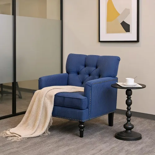 Vista 2 de Sillón acentuado, silla de club capitoné, sillón tapizado con botones con almohada lumbar, sillas de tela de lino para dormitorio, sala de estar
