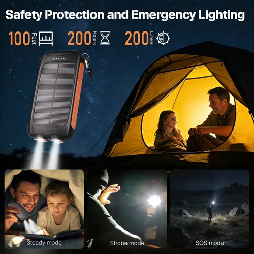 Vista 4 de Banco de energía solar 20000mAh con USB-C, cargador portátil para acampar Naranja