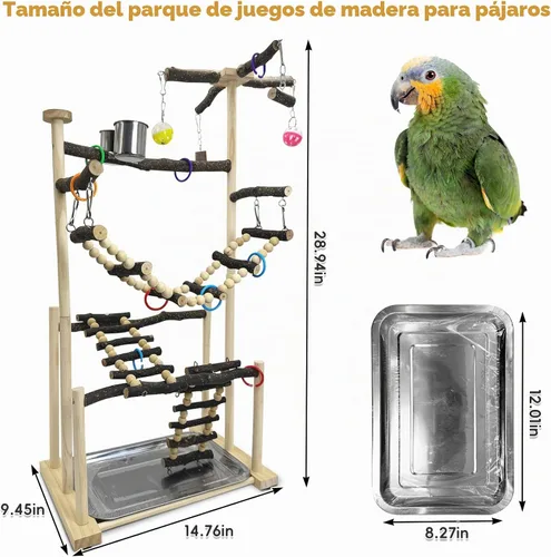 Vista 2 de kathson Parque infantil grande para pájaros, perca de madera natural, 4 capas, centro de actividades con perchas, escalera, juguetes para masticar