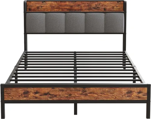 Vista 9 de Novilla Base de cama Queen con estación de carga USB/tipo C y cabecera de almacenamiento, marco de cama de plataforma de metal moderno, fácil