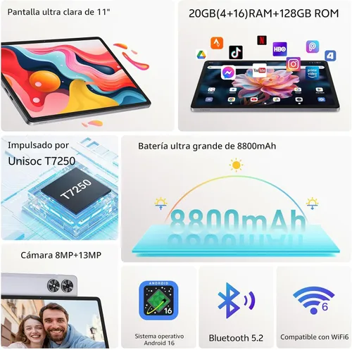 Vista 2 de Tablet de 11 pulgadas, tableta Android 16 con teclado, mouse y lápiz capacitivo, gris Octa-Core Gemini AI, 20GB RAM + 128GB ROM, 90Hz IPS