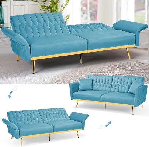Vista 6 de Sofá cama futón de terciopelo de 70 pulgadas con reposabrazos ajustables, color azul bebé
