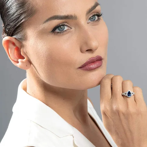 Vista 2 de Peora 925 Sterling Silver Teardrop Crest Ring for Women, Various Gemstones, Pear Shape 9x6mm, Sizes 5 to 9
