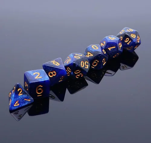 Vista 4 de DND - Juego de dados de nebulosa negra mezcla azul oscuro para Dungeon and Dragons D&D RPG juegos de rol, 7 dados poliédricos con bolsa de dados