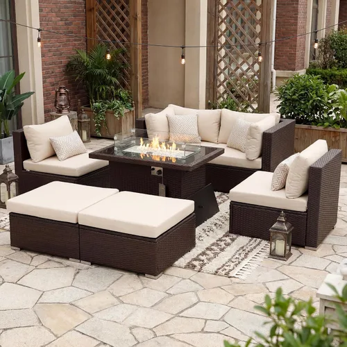 Vista 44 de NICESOUL Juego de muebles de patio de ratán extra grande con mesa para fogata de gas y propano, 29.3 pulgadas, respaldo alto, cómodos conversaciones
